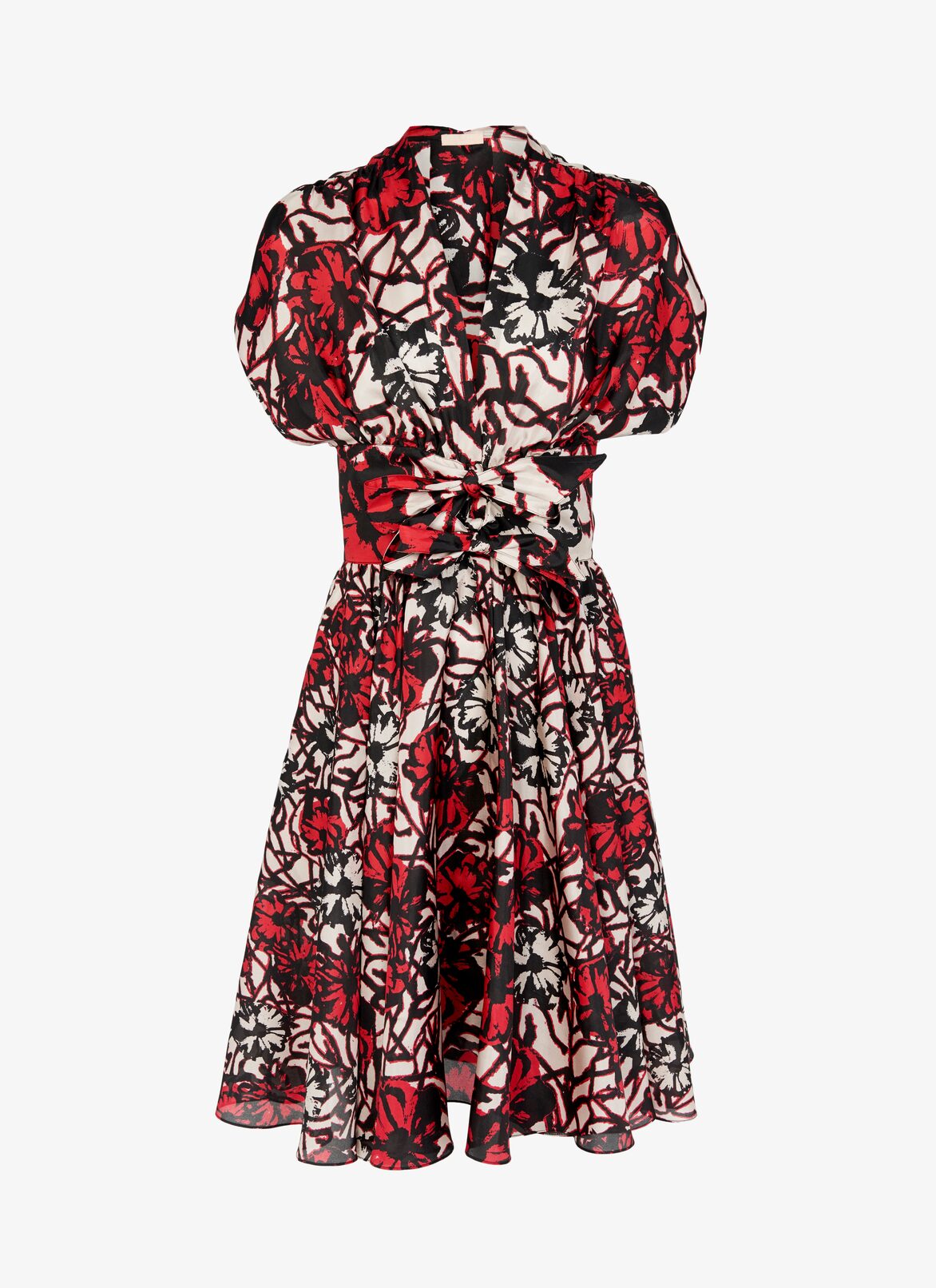 Ausgestelltes Kleid aus Habotai-Seide mit Print  ALAÏA SCHWARZ/ROT AUSGESTELLTES KLEID AUS HABOTAI-SEIDE MIT PRINT
